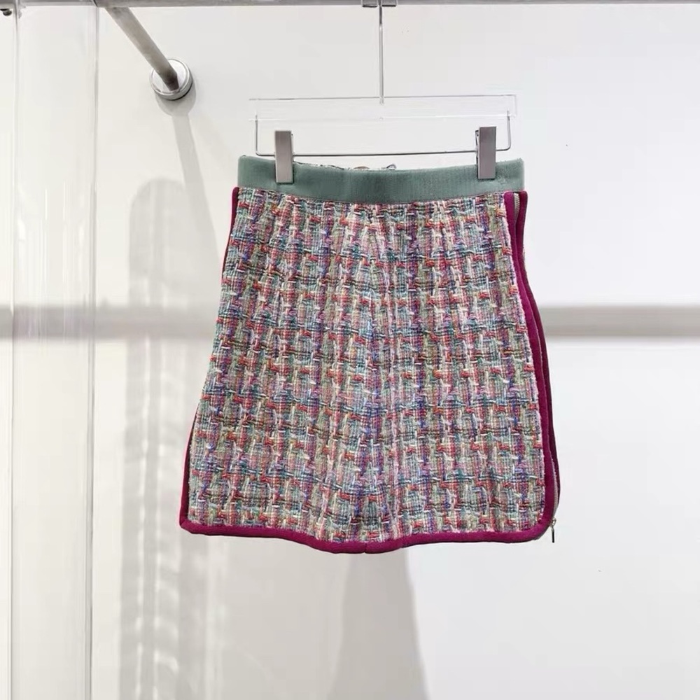 Authentic CHANEL Multicolor Tweed Mini Skirt with Pink Trim